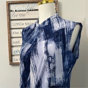 Clara Sun Woo Sleeveless Blouse Mock Neck Tie Front Blue & White Size Medium